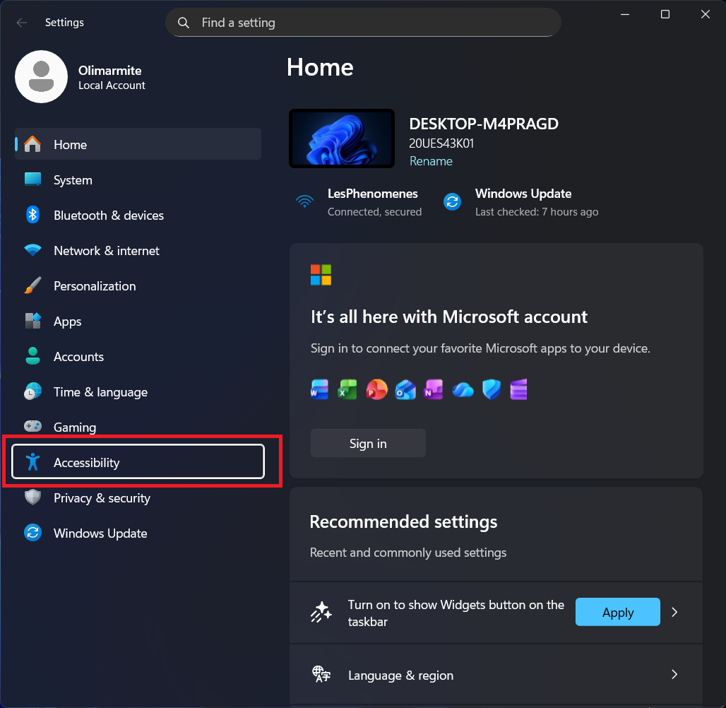 Screenshot with Accessibility circled in red